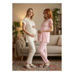Lohussa Yeni Sezon Ekru Dantel İşlemeli Düğmeli Yazlık Kısa Kollu Lohusa Hamile Pijama Takımı