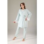 Lohussa Yesil Melanj Yumusak Dokulu Dantelli Yazlık Pamuklu Hamile Lohusa Sabahlık Pijama Takımı 3'lü Set