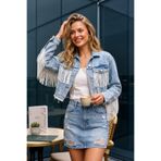 LOKADI Kadın Açık Mavi Püskül Detaylı Crop Jean Ceket - Taşlanmış Yırtık Detaylı Denim Ceket