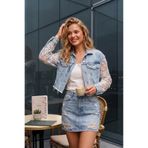 LOKADI Kadın Dantel Detaylı Crop Kot Ceket - Güpür Kollu Taşlanmış Açık Mavi Denim Ceket
