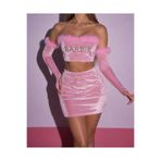 Lolipop Butik Pembe Kadife Kolluklu Crop&Etek Takım