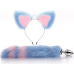 Lolita Shop Tüylü Anal Tıkaç + Kedi Kulaklı Taç Pelüş Anal Plug Kuyruk Tıkaç Mavi Pembe Plug Fantezi Set