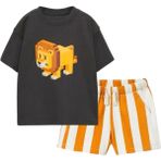 Lolli Boom Kids Erkek Çocuk 2d Çizim Aslan Karakter Baskılı T-Shirt Çizgili Şort 2 Parça Altüst Takım - Açık Füme - 4 - 5 Yaş