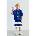 Lolli Boom Kids Erkek Çocuk Pamuklu Kumaş Çapa Baskılı Pamuklu Tshirt ve Çizgili Şort Alt Üst Takım - 00 Lacivert - 4 - 5 Yaş