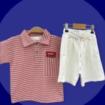 Lolli Boom Kids Kımızı Çizgili Polo Yaka Tshirt Ekru Bermuda Şort Takım 2'li Set - 240-Kırmızı - 4 - 5 Yaş