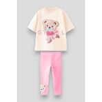 Lolli Boom Kids Kız Çocuk Sevimli Balerin Pembe Ayıcık T-Shirt ve Tayt Takım 3D Kabartma Aplike Nakış Baskılı - 00406 Pembe - 2 - 3 Yaş