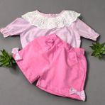 Lolli Boom Kids Önlük Dantel Yaka Büzgü Kol Pembe Renk Ekose Büzgülü Üst Fiyonk Detay Şort Takım - 5 - 6 Yaş - 01P-Pembe