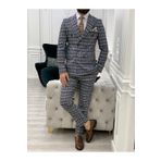 LONATOLİA Erkek Ekoseli Kruvaze Takım Elbise İtalyan Kesim Slim Fit Ceket Pantolon-Mavi
