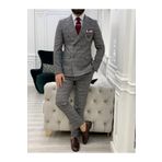 LONATOLİA Erkek Ekoseli Kruvaze Takım Elbise İtalyan Kesim Slim Fit Ceket Pantolon-Pembe