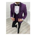 LONATOLİA Erkek Smokin Damatlık Simli Şal Yaka İtalyan Kesim Slim Fit Ceket Yelek Pantolon Papyon-Mor