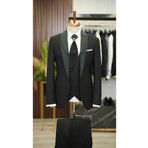 LONATOLİA Erkek Smokin Damatlık Simli Şal Yaka İtalyan Stil Slim Fit Ceket Yelek Pantolon Kravat Papyon-Siyah