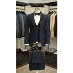 LONATOLİA Erkek Smokin Damatlık Simli Şal Yaka İtalyan Stil Slim Fit Ceket Yelek Pantolon Papyon-Lacivert