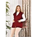 Lonca Tekstil Kadın Düğmeli Bordo Renk Triko Anne Yeleği Büyük Beden Cepli Rahat Kesim Yelpaze Desen M