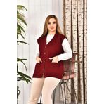 Lonca Tekstil Kadın Düğmeli Bordo Renk Triko Anne Yeleği Büyük Beden Cepli Rahat Kesim Yelpaze Desen XL