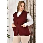 Lonca Tekstil Kadın Düğmeli Bordo Triko Anne Yeleği Büyük Beden Fitilli Cepli Rahat Kesim L