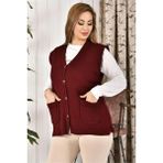 Lonca Tekstil Kadın Düğmeli Bordo Triko Anne Yeleği Büyük Beden Fitilli Cepli Rahat Kesim XL