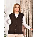 Lonca Tekstil Kadın Düğmeli Kahverengi Triko Anne Yeleği Büyük Beden Tüylenmez Cepli Rahat Kesim Yelpaze Desen XL
