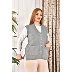 Lonca Tekstil Kadın Düğmeli Triko Gri Renk Anne Yeleği Büyük Beden Cepli Rahat Kesim Yelpaze Desen M