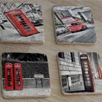Londra Kırmızı Telefon Kulübeleri ve Otobüs Doğal Taş Bardak Altlığı 4'lü set - Natural Stone Coasters