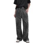 LONGBIDA Leopar Desenli Y2K Pantolon Kadın Bol Paça Cepli Kot Pantolon Yüksek Belli, Gri, XL
