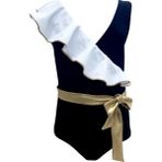 Look Me Askılı Çapraz Büyük Fırfırlı Gold Kemer Ve Fiyonk Detaylı Siyah 50uv Kız Çocuk Mayo by Nessi Byrd - 8 Yaş