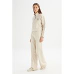 Loose Fit Geniş Paça Bej Pamuklu Esnek Sweatpant