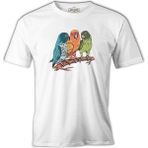 Lord T-Shirt Three Colorful Birds Talking Beyaz Erkek Tshirt - XL