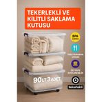 Loremp 90 LT Şeffaf Saklama Kutusu 3 Adet Kilitli Tekerlekli Depolama Düzenleme