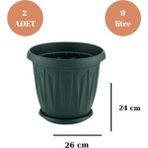 Loremp Balkon Saksı Bahçe Saksısı Büyük Boy Yuvarlak Saksı ve Altlığı 9 Litre 2 Adet 26X24 Yeşil