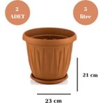 Loremp Balkon Saksı Bahçe Saksısı Orta Boy Yuvarlak Saksı ve Altlığı 5 Litre 2 Adet 23X21 - Şeffaf