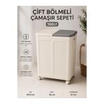 LOREMPBOX 100 LT Çift Bölmeli Katlanabilir Çamaşır Sepeti Tekerlekli Kirli Çamaşır Arabası 49,5x36x61 cm