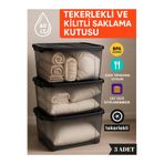 LOREMPBOX 60 LT Tekerlekli Kilitli Saklama Kutusu 3’lü Set Kapaklı Şeffaf BPA İçermez Üst Üste İstiflenebilir Siyah