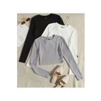 Lorya Giyim 3'lü Paket %100 Pamuklu Fitilli Kaşkorse Uzun Kollu Crop Bluz