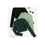 Lorya Giyim Kadın 3'lü paket Pamuklu Örme Fitilli Bisiklet Yaka Kaşkorse Uzun Kollu Crop Bluz