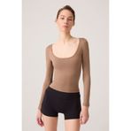 Los Ojos x Ece Mocha Melanj Uzun Kollu U Yaka Spor Bluz Scoop Neck Top