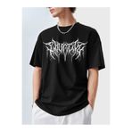 LOTS MODA Erkek Gotik Koyu Totem Baskılı T-Shirt - Siyah Rahat Kısa Kollu Yuvarlak Yaka Dripping Boya Tasarımı
