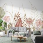 Lotus Aura Tropikal Yapraklar Duvar Kağıdı Suluboya Görünümlü Duvar Resmi Oturma Odası Duvar Posteri - Renkli - 100 x 100 cm