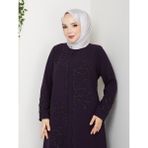 Lotus Çiçek Taşlı Büyük Beden Anne Elbisesi - Mürdüm - 48