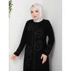 Lotus Çiçek Taşlı Büyük Beden Anne Elbisesi - Siyah - 52