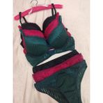 Love Angels Çizgili Dantel Detaylı Push-Up Dolgulu Iç Çamaşırı Takımı-Sütyen Külot Takımı - 80B - Siyah - Bordo - Yeşil