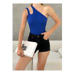 lovebox Kadın Esnek Triko Kumaş Tek Omuz Askılı Tasarım Basic Saks Mavi Bluz 0300