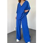 lovebox Kadın Gofre Kumaş Yarasa Kol V Yaka Bluz Ve Pantolon Oversize Saks Mavi İkili Takım 9581