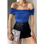 lovebox Kadın Saks Mavi Sandy Kumaş Straplez Yaka Büzgü Detaylı Bluz 582499