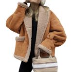 loveimgs Kadın büyük boy Sherpa astarlı deri ceket suni süet polar Shearling ceket kış Biker havacı ceket palto, Kahverengi, S