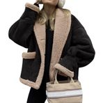 loveimgs Kadın büyük boy Sherpa astarlı deri ceket suni süet polar Shearling ceket kış Biker havacı ceket palto, Siyah, S