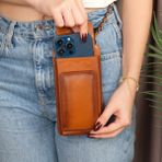 Lovell Hakiki Deri Telefon Bölmeli Kadın Askılı Çanta - Kartlıklı Telefon Cüzdanı - Taba