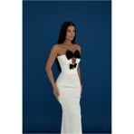 Lovely butik Straplez Crep Siyah Kurdaleli Beyaz Elbise