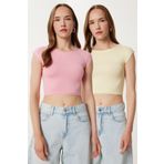Lovelyİstanbul 2’li Paket Basic Crop Örme Bluz LZV0017 PEMBE SARI