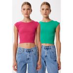 Lovelyİstanbul 2’li Paket Basic Fitilli Örme Crop Bluz LMX0123 YEŞİL KOYU PEMBE
