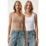 Lovelyİstanbul 2’li Paket Basic Örme Bluz LRN0011 BİSKÜVİ BEYAZ